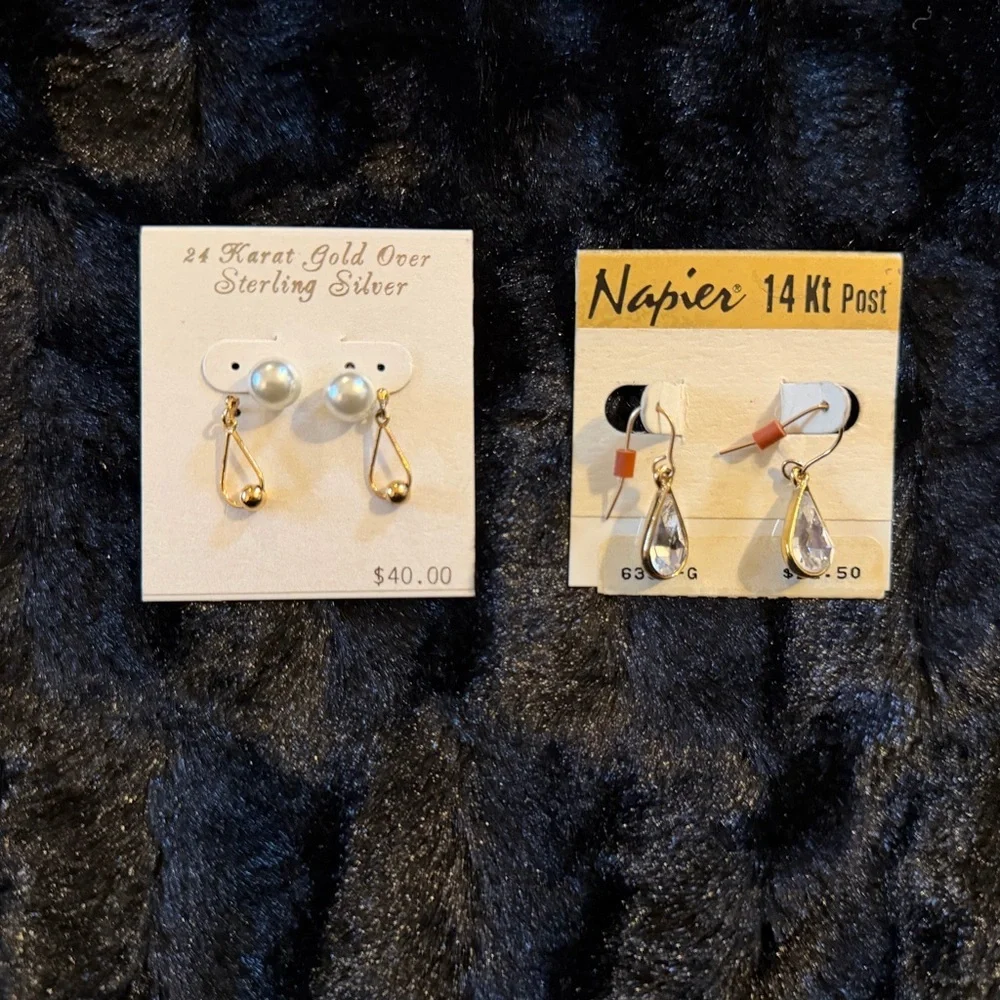 Napier 14K Post pierced Gold & 24K Sterling Silver & Faux Pearl Earrings - Picture 1 of 3